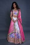 Shop_Priti Sahni_Ivory Organza Handpainted Sequin V Neck Hand Floral Bridal Lehenga _at_Aza_Fashions