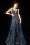 Shop_Rohit Gandhi + Rahul Khanna_Blue Tulle Embellishment Sequin And Crystal Beads V Neck Relic Fit & Flare Gown _at_Aza_Fashions