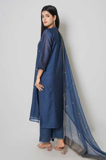 Shop_Kameez_Blue Cotton, Chanderi Sequins Mandarin Collar Embroidered Kurta Set _at_Aza_Fashions