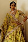 Shop_Archana Jaju_Yellow Organza , Pure Kalamkari Hand Embroidered Bridal Lehenga Set_at_Aza_Fashions