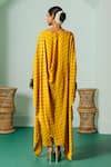 Shop_Prahnaaya_Yellow Satin Sequins, Applique Boat Neck Hand Block Print Kaftan And Slim Pant Set _at_Aza_Fashions