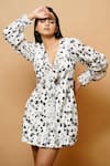 Buy_AHI Clothing_White Cotton Silk Printed Geometric V Neck Jacket Dress _at_Aza_Fashions