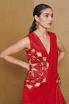 Shop_Studio Radical_Red Jacket And Skirt 100% Pure Silk Embellished & Saree Set _at_Aza_Fashions