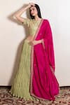 Shop_Kesar Studio_Green Bamberg Silk (80 Grams) Embroidery Scallop Round Crushed Lehenga Set _at_Aza_Fashions