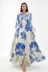 Shop_KoAi_Blue Chiffon Floral V Neck Balloon Sleeve Dress _at_Aza_Fashions