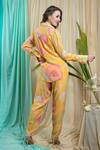 Shop_Seams Pret And Couture_Yellow Crepe, Silk Sequins Shawl Neck Marine Print Shirt And Pant Set _at_Aza_Fashions