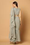 Shop_Two Sisters By Gyans_Grey Georgette Sequins, Cut Work V-neck Pre-draped Ruffle Saree With Blouse_at_Aza_Fashions