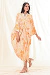 Shop_PIRI INDIA_Yellow Heavy Georgette Printed And Neck Embroidered Kaftan_at_Aza_Fashions