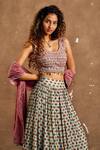 Shop_Label Kinjal Modi_Blue Lehenga And Blouse Cotton Silk Printed Lotus Round Set _at_Aza_Fashions