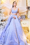 Shop_Varun Chakkilam_Blue Silk Organza Sequins, Beads V-neck Glass Embroidered Lehenga Set _at_Aza_Fashions