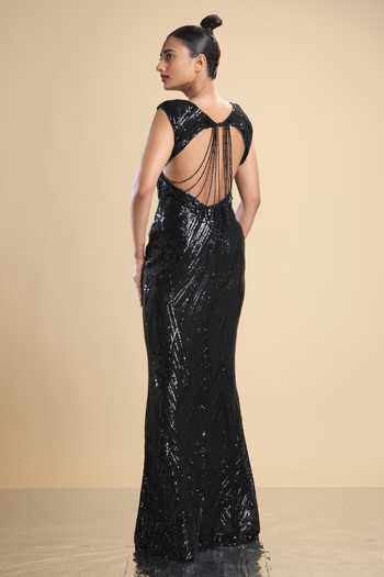 Shop_Kommal Sood_Black Lycra, Net Sequins, Beads Plunge Neck Embroidered Cap Sleeve Gown _at_Aza_Fashions