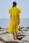 Shop_MATI_Yellow 100% Cotton V Neck Ruffle Sleeve Dress _at_Aza_Fashions