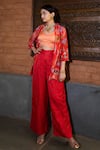 Shop_Vana Ethnics_Red Viscose And Embroidery Tropical Leaf Neck Shirt & Palazzo Set _at_Aza_Fashions