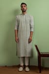 Shop_Ankita Shahabadi_Green Linen Thread Amara Kantha Stitch Kurta _at_Aza_Fashions