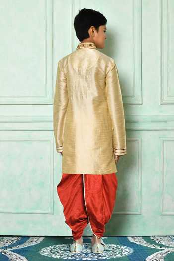 Shop_Petite Pomme_Green Silk Embroidery Kurta And Red Dhoti Pant Set _at_Aza_Fashions