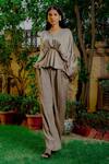 Shop_OMANA BY RANJANA BOTHRA_Silver Satin Plain V Neck Cowl Sleeve Top And Wide Legged Trouser Set _at_Aza_Fashions