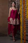 Shop_Leela By A_Maroon Chanderi Embroidery Zari Round Kurta Dhoti Pant Set _at_Aza_Fashions