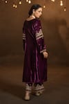 Shop_Glittire by Sakshi Verma_Purple Silk Velvet Embroidery Cutdana Leaf Neck Yoke Kurta Set  _at_Aza_Fashions