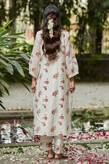 Juanita- Handwoven chanderi ivory and old rose comfort fit kurta set with embellishment