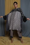 Shop_Krishna Mehta_Grey Tussar Printed Geometric Keyhole Cape Tunic _at_Aza_Fashions