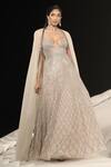 Shop_Rohit Gandhi + Rahul Khanna_Beige Tulle Crystals V-neck Spatial Metallic Gown With Cape _at_Aza_Fashions