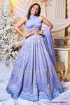 Shop_Varun Chakkilam_Blue Silk Organza Sequins, Beads Halter Neck Chevron Embroidered Lehenga Set _at_Aza_Fashions