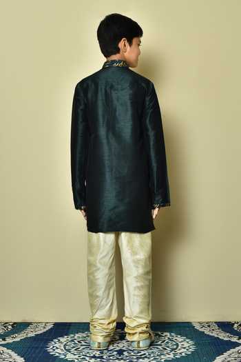 Shop_Petite Pomme_Green Silk Embroidery Mandarin Collar Kurta Set _at_Aza_Fashions
