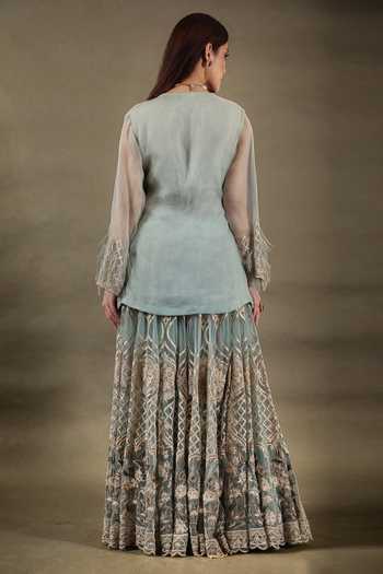Shop_Omana By Ranjana Bothra_Blue Organza, Net, Crepe Tassels V-neck Floral Embroidered Sharara Set _at_Aza_Fashions