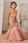 Shop_Merge Design_Peach Net Embroidered Floral Fish Cut Lehenga And Blouse Set _at_Aza_Fashions