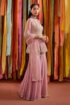 Label Sanya Gulati_Purple Net Embroidered Sequins V Neck Floral Peplum Top Sharara Set For Women_Online_at_Aza_Fashions