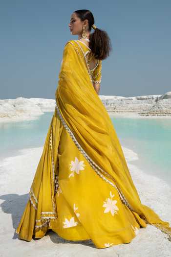 Orange chanderi kedia top with gathered lehenga main image 1