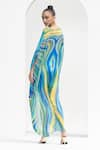 Mandira Wirk_Blue Chiffon Printed Marble V Neck Kaftan _Online_at_Aza_Fashions