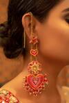 Shop_Kanyaadhan By DhirajAayushi_Pink Beads Hand Embroidered Heart Dangler Earrings_at_Aza_Fashions