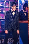 Shop_Kora By Nilesh Mitesh_Blue Velvet Embellished Honeycomb Patterns Glimmer Tuxedo Suit Set _at_Aza_Fashions