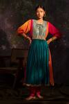 Shop_5elements_Multi Color Viscose Embroidery Mirror Round Neck Block Anarkali With Pant _at_Aza_Fashions