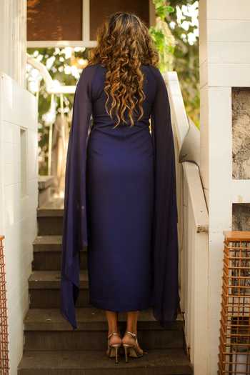 Shop_Echke_Blue Satin Round Neck Cape Sleeve Dress _at_Aza_Fashions