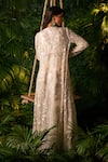 Shop_Pallavi Poddar_Ivory Satin Lycra And Net Embroidery Sequin V Floral Jacket & Wide Leg Pant Set _at_Aza_Fashions