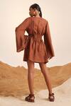 Shop_Cord_Brown Linen V Neck Bell Sleeve Dress_at_Aza_Fashions