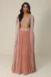 Shop_Rishi And Soujit_Pink Organza Embellished Sequin Cape Open And Gathered Skirt Set  _at_Aza_Fashions