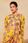 Shop_DiyaRajvvir_Yellow Modal, Tulle, Georgette Floral Print Pre-draped Sharara Saree With Blouse _at_Aza_Fashions