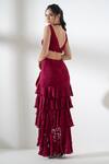 Shop_Amrta By Guneet Kondal_Wine Viscose Pom-poms Scoop Neck Woven Overlay Skirt With Top Set_at_Aza_Fashions