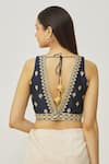 Shop_Samyukta Singhania_Blue Silk Embroidery Plunge Neck Flower Sleeveless Blouse _at_Aza_Fashions