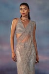 Shop_Rohit Gandhi + Rahul Khanna_Grey Tulle Crystals, Sequins Kyanite Pre-draped Embroidered Saree With Blouse _at_Aza_Fashions