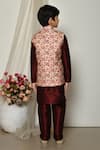 Shop_Petite Pomme_Wine Brocade, Silk Embroidery Vivid Persian Floral Print Jacket Kurta Set _at_Aza_Fashions