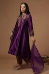 Shop_OMI_Purple Silk, Chanderi Embroidery, Zari V-neck Flared Kurta Set _at_Aza_Fashions