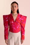 Shop_Joskai Studio_Red Modal Satin Printed Digital Lapel Collar Blazer Style Top _at_Aza_Fashions