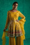 Shop_Shian_Yellow Georgette Embroidered Thread Mirror Peplum Kurta Sharara Set  _at_Aza_Fashions