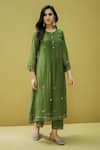 Shop_Naaz By Noor_Green Cotton, Organza, Chanderi Pleated Yoke Floral Pattern Kurta With Pant _at_Aza_Fashions