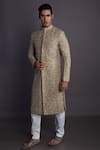 Shop_GRAM OF INK_Beige Matka Silk Embroidery Thread Floral Sherwani Set  _at_Aza_Fashions