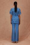Shop_Shriya Som_Blue Silk, Chiffon Sequins V-neck Floral Embroidered Tunic And Pant Set _at_Aza_Fashions